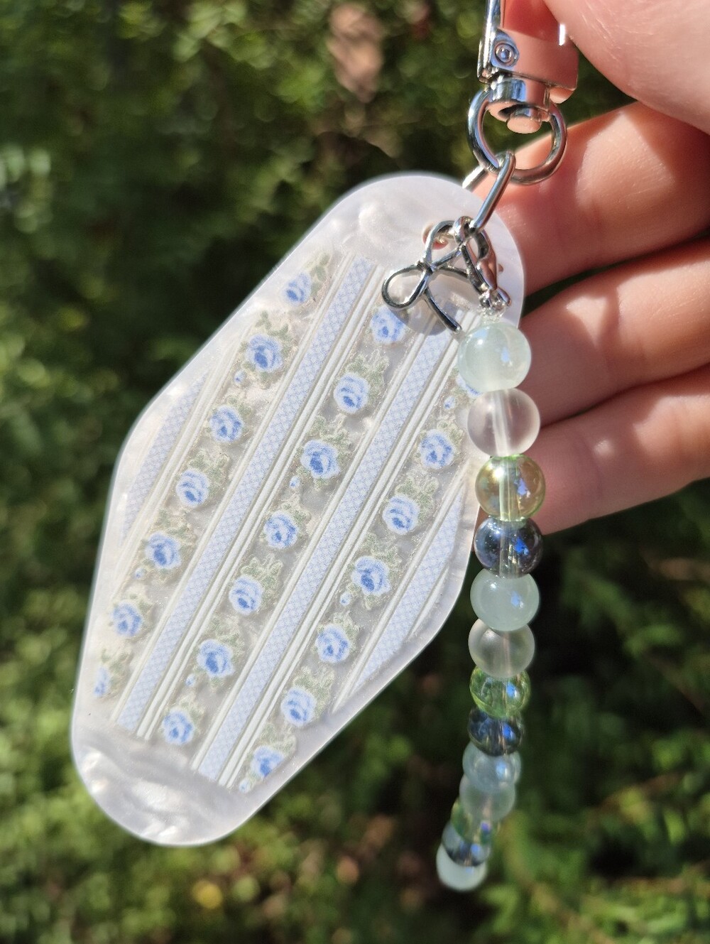 Handcrafted Pearlized Blue Flower Keychain w/ Beaded Charm